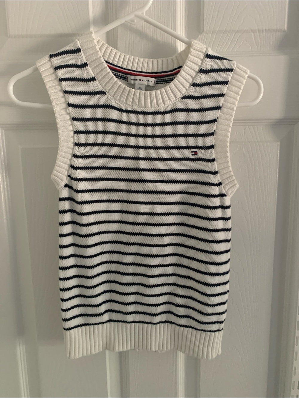 Tommy Hilfiger White and Navy Striped Knit V-Neck Sweater Vest